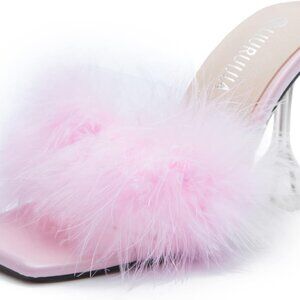Feather High Heel Mules Women Pink Fluffy Square Toe Chunky Bridal Shoes